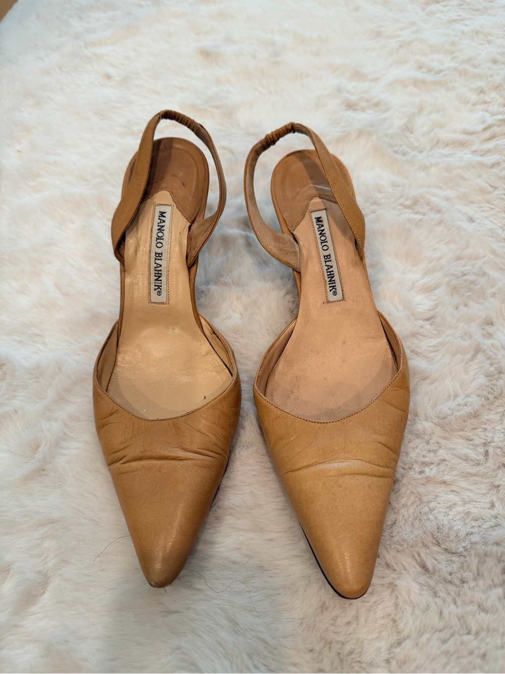 Manolo Blahnik Tan Leather Pointed Slingback Pumps